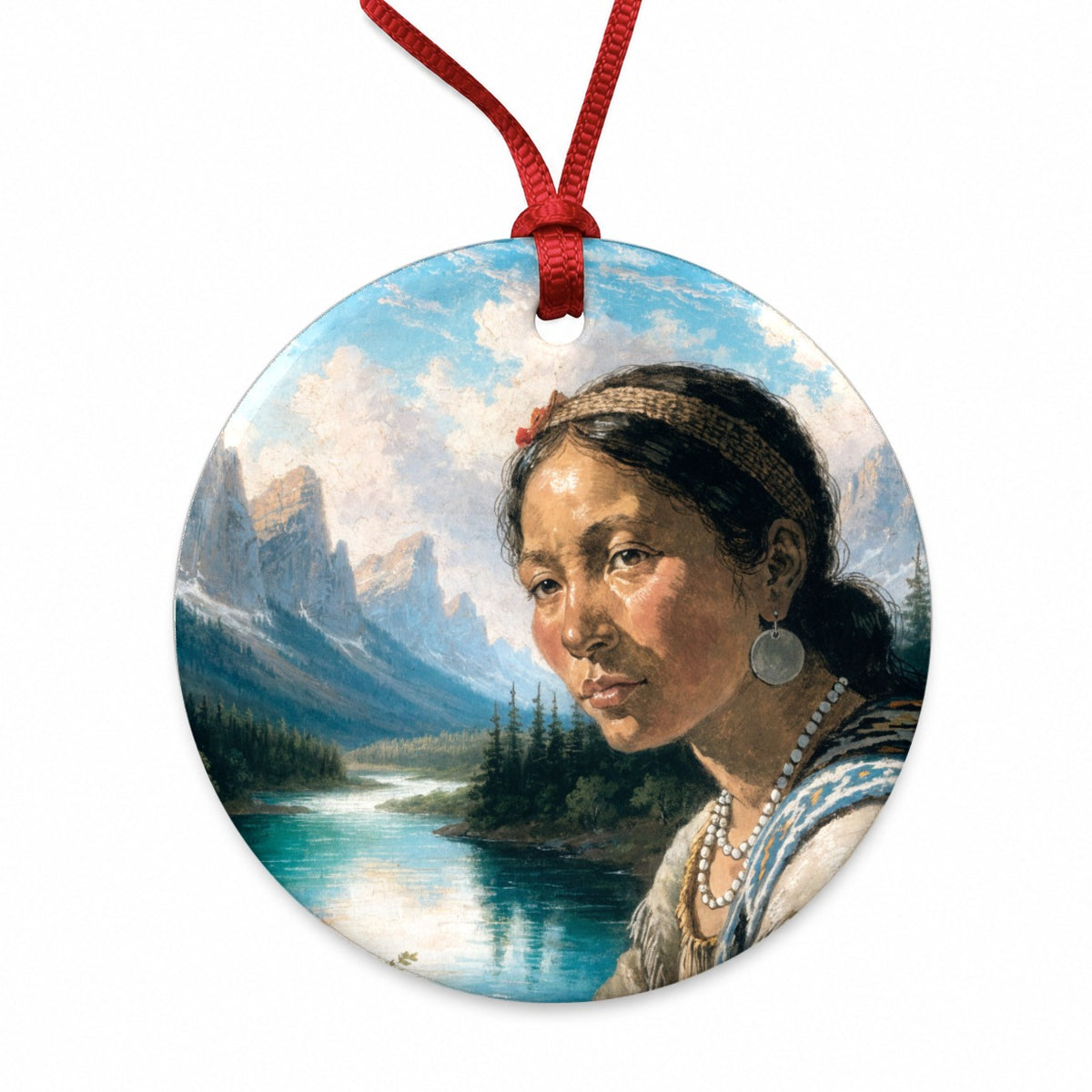 Sacagawea Explorer Round Ceramic Holiday Christmas Tree Ornament