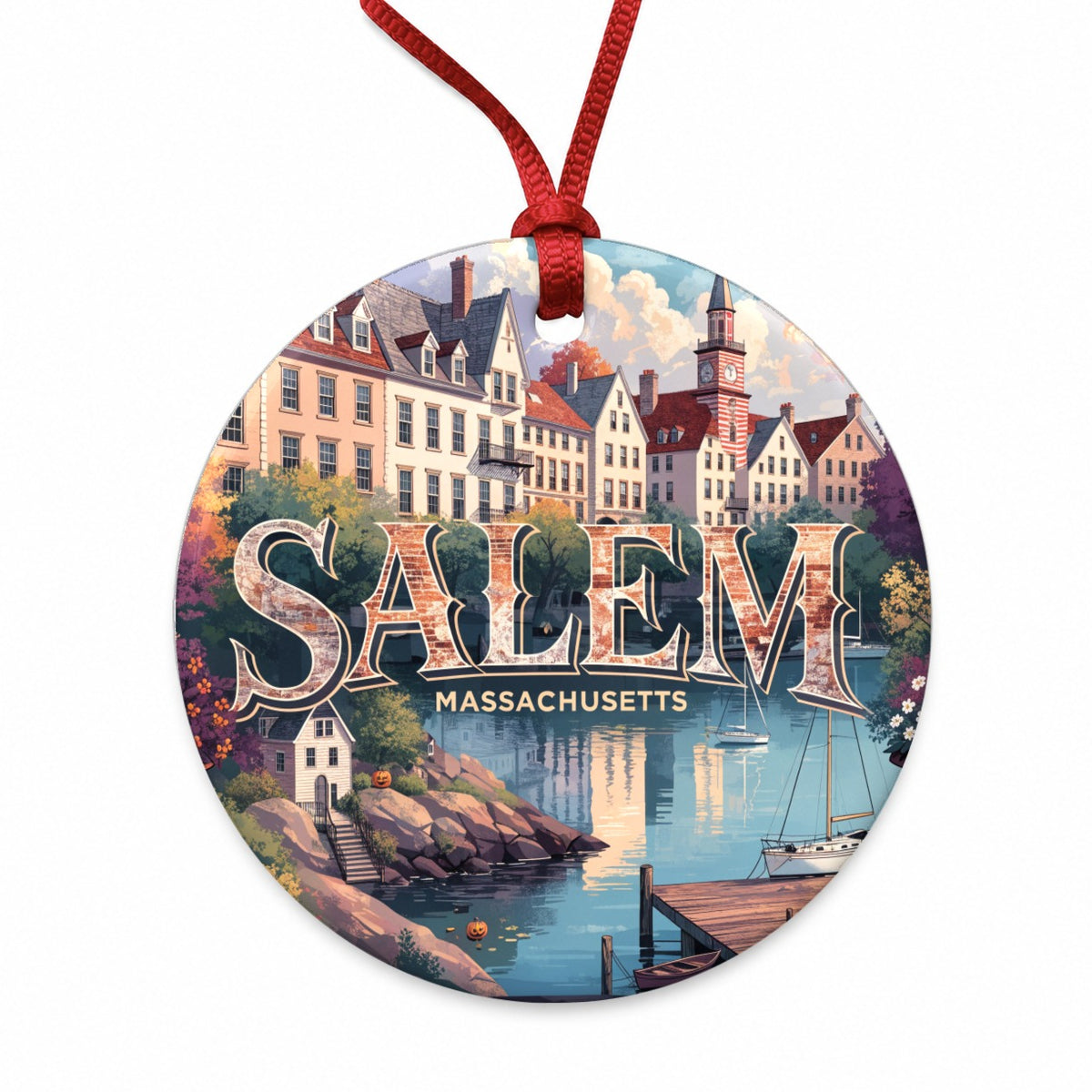 Salem Massachusetts Travel Round Ceramic Holiday Christmas Tree Ornament