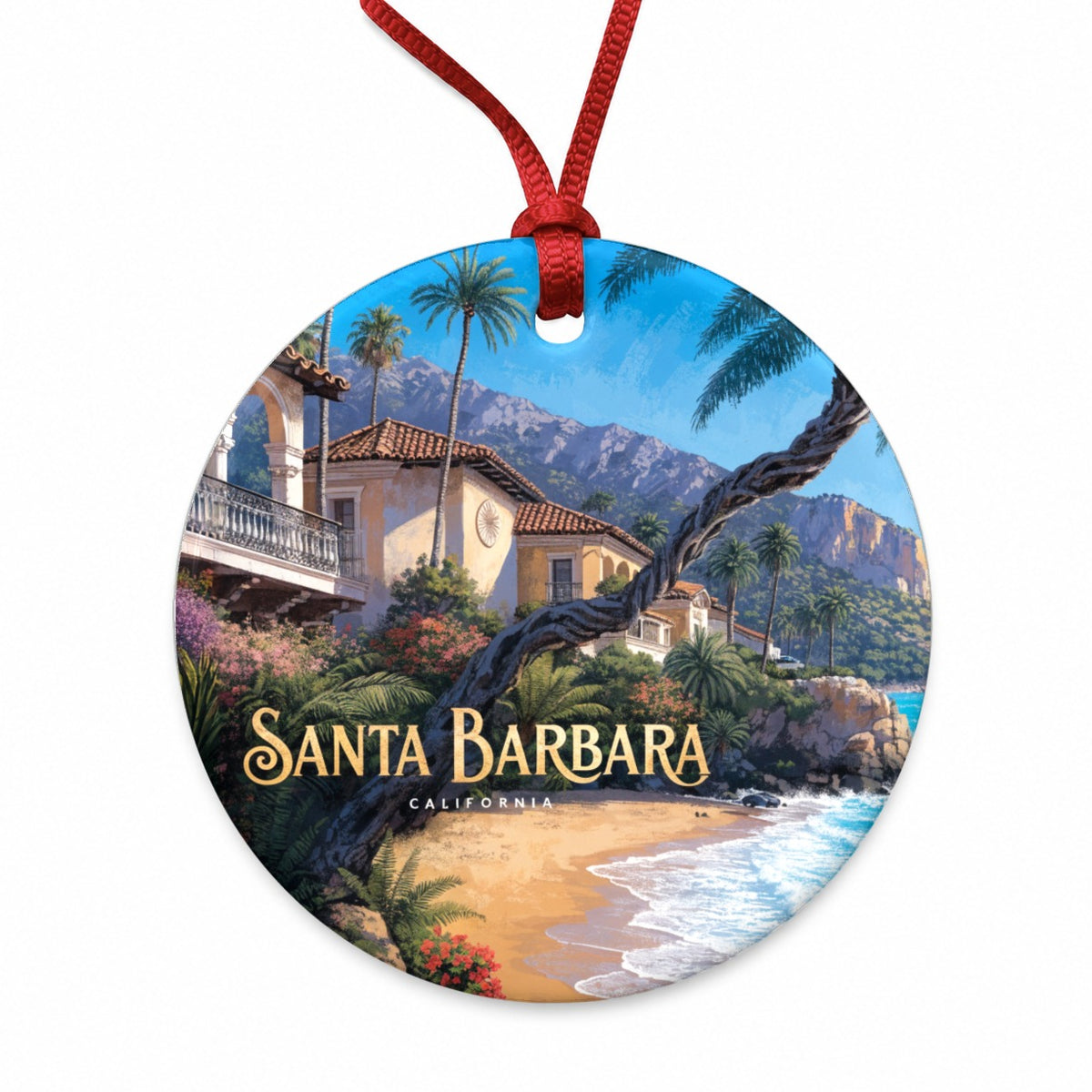 Santa Barbara California Travel Round Ceramic Holiday Christmas Tree Ornament