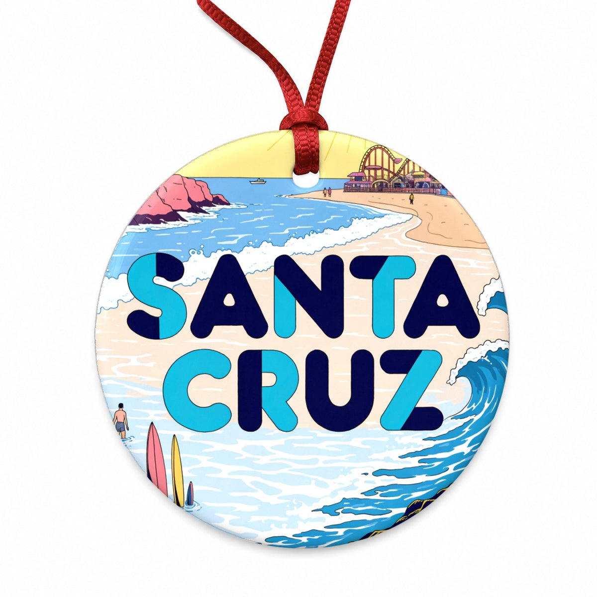 Santa Cruz Beach Travel Round Ceramic Holiday Christmas Tree Ornament