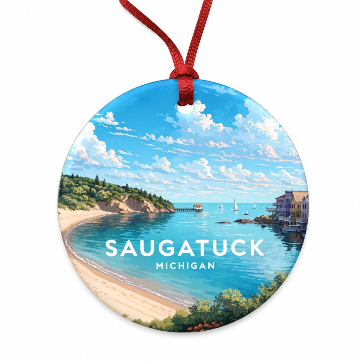 Saugatuck Michigan Travel Round Ceramic Holiday Christmas Tree Ornament