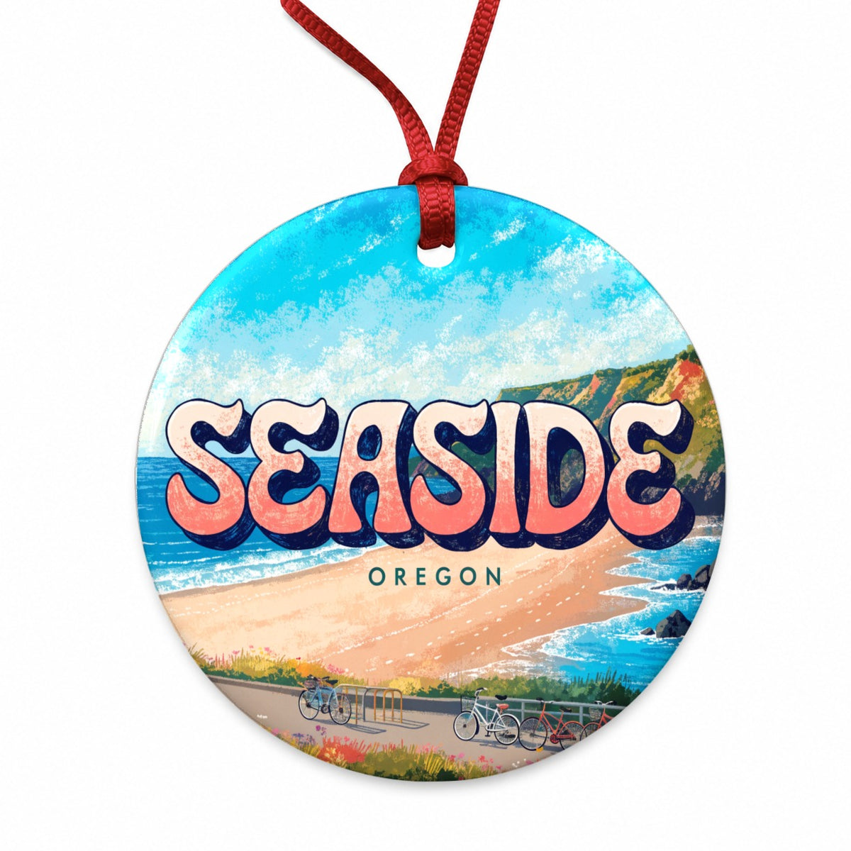 Seaside Oregon Travel Round Ceramic Holiday Christmas Tree Ornament