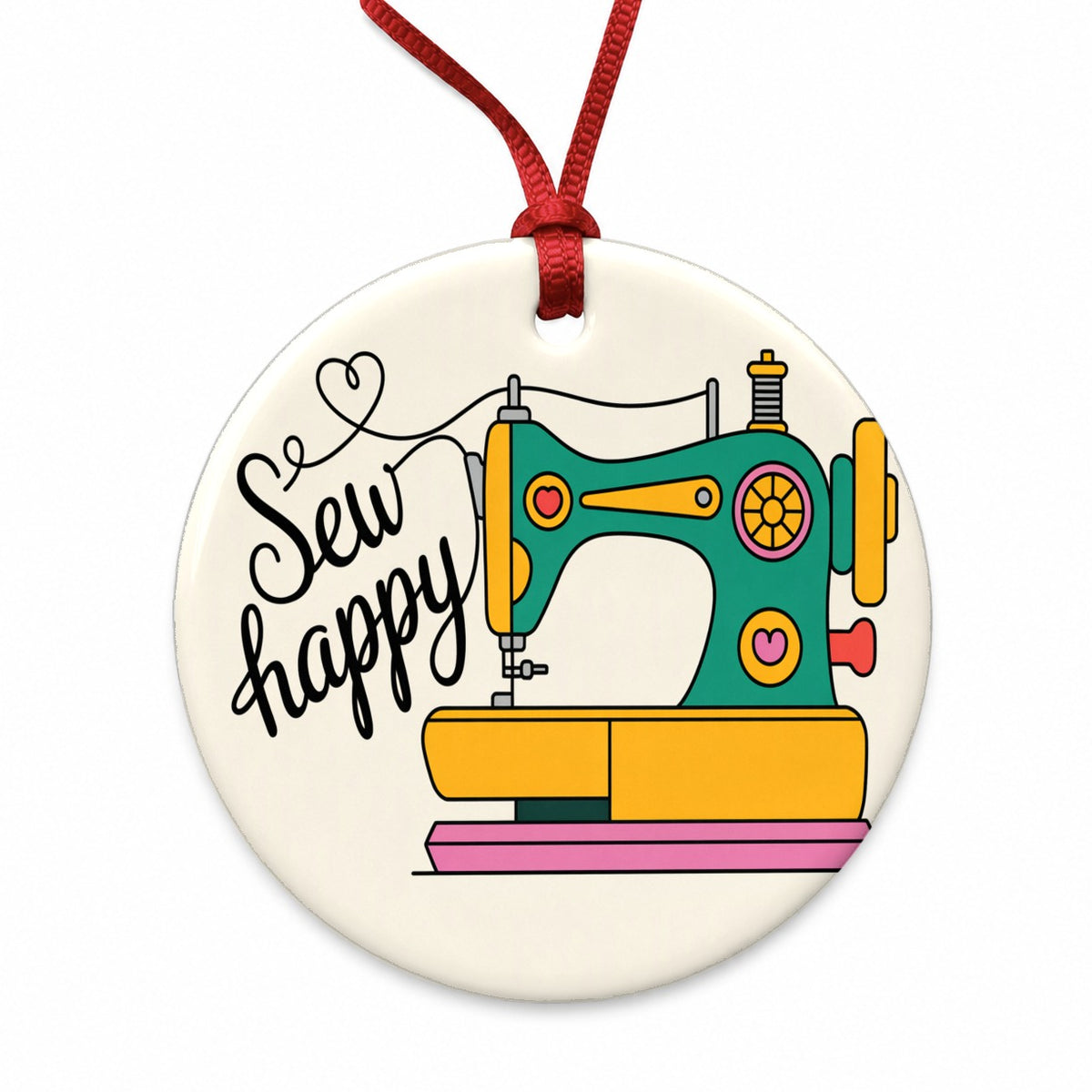 Sew Happy Sewing Machine Cute Round Ceramic Holiday Christmas Tree Ornament