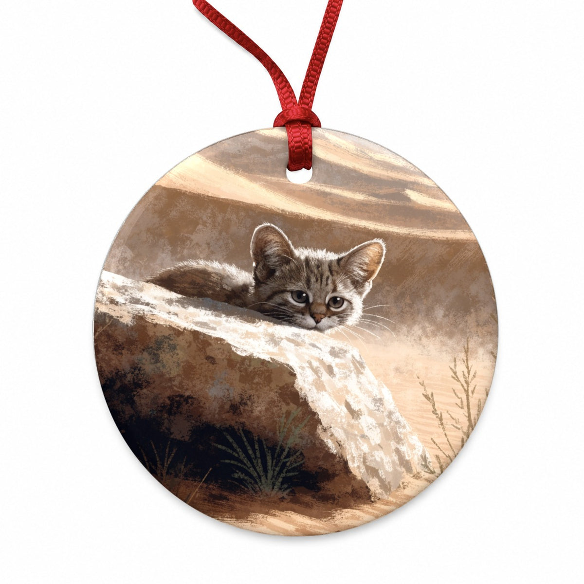 Small Sand Cat Round Ceramic Holiday Christmas Tree Ornament