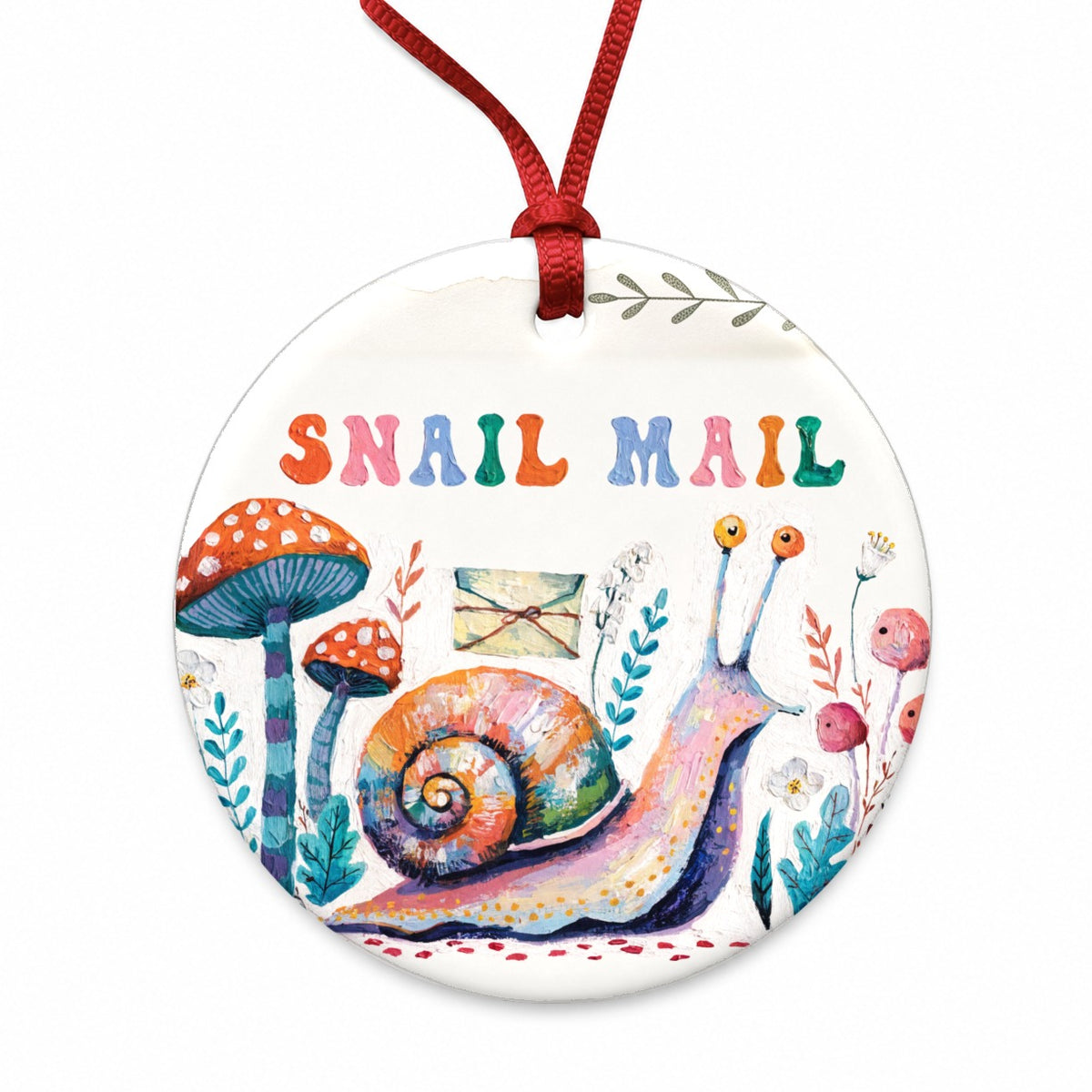 Snail Mail Whimsical Round Ceramic Holiday Christmas Tree Ornament