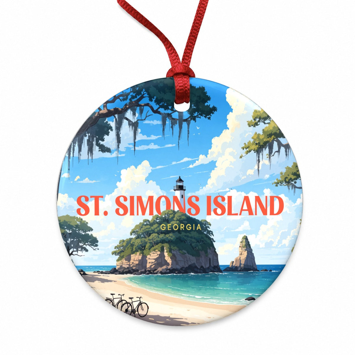 St Simons Island Georgia Travel Round Ceramic Holiday Christmas Tree Ornament