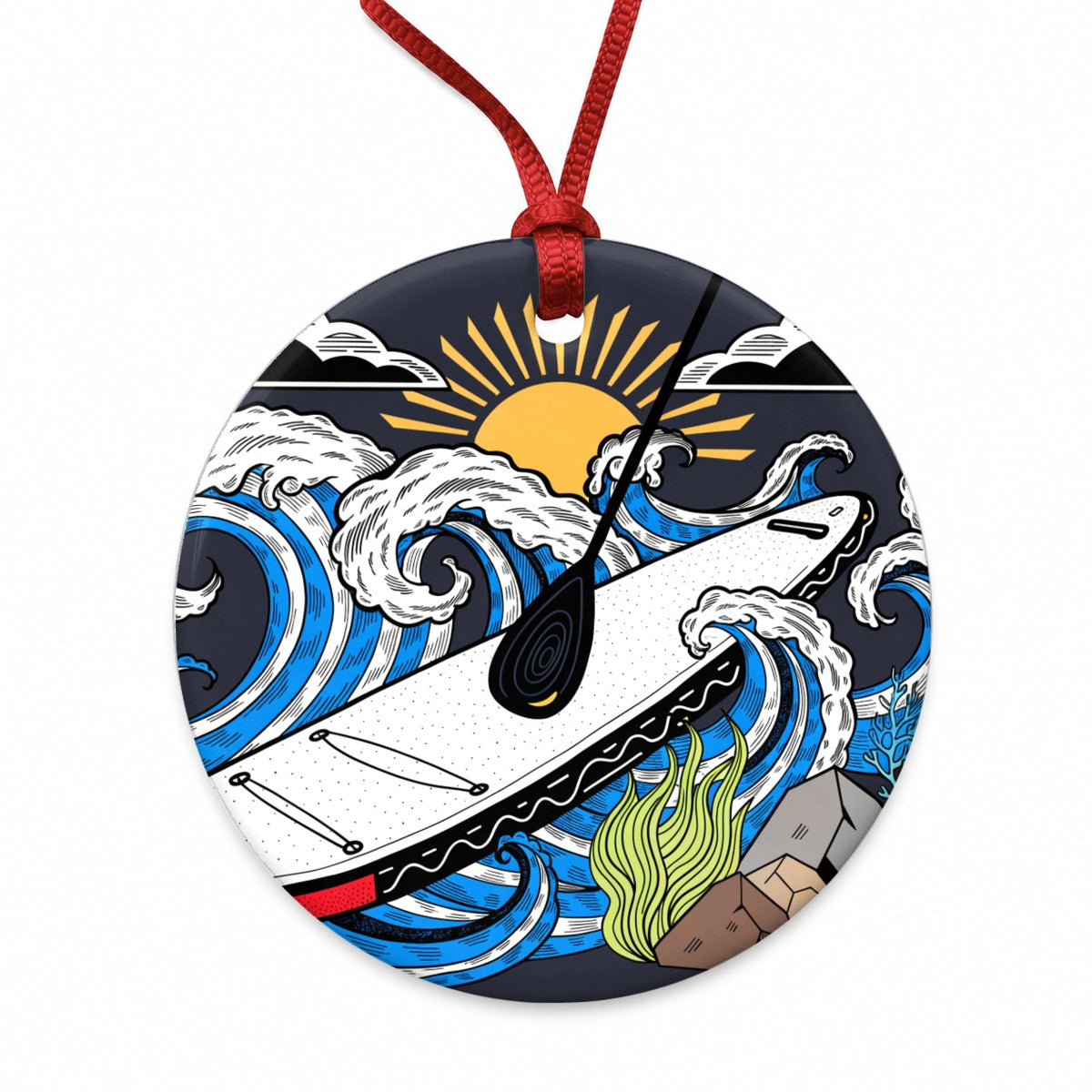 Stand Up Paddleboard Water Sport Round Ceramic Holiday Christmas Tree Ornament