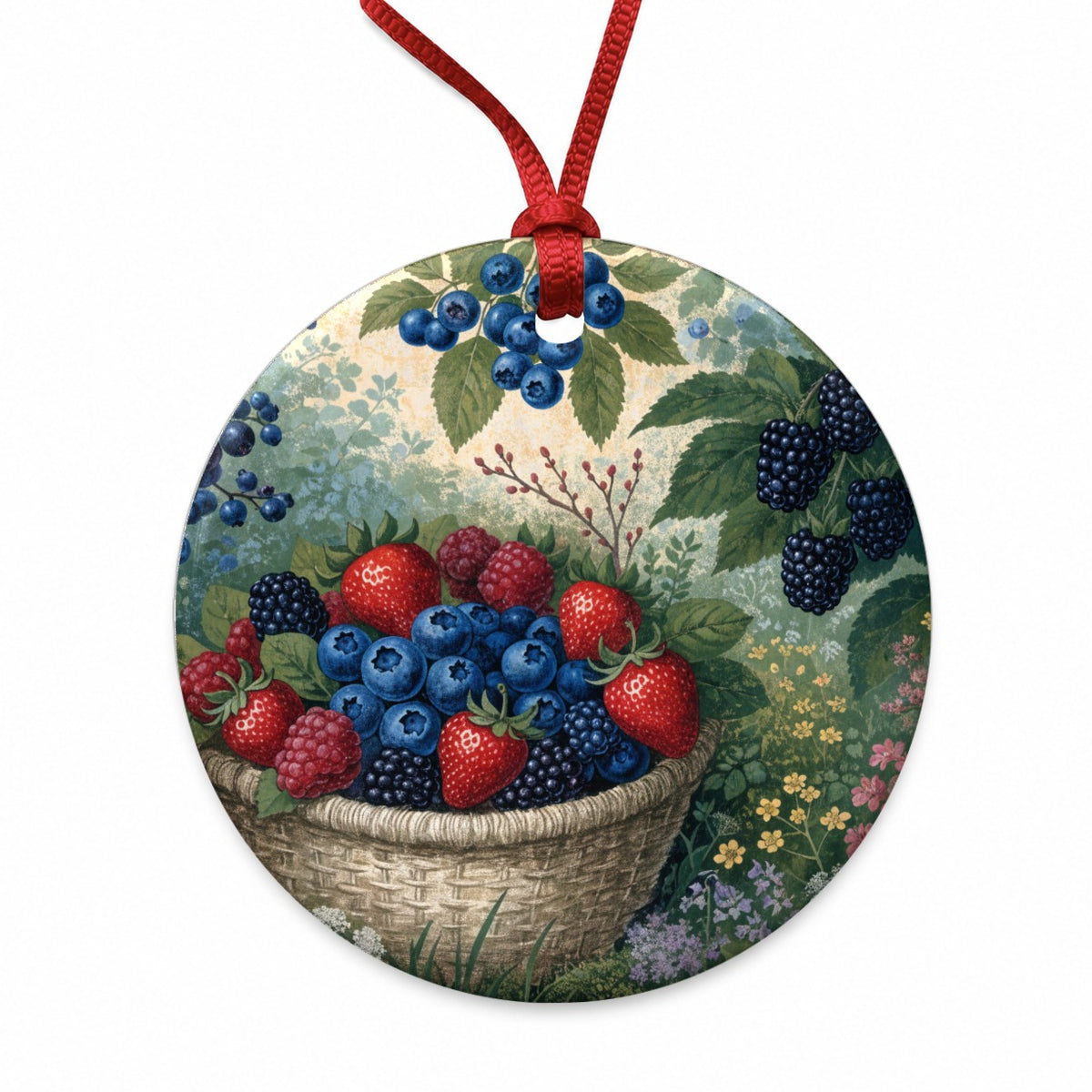Summer Berry Picking Round Ceramic Holiday Christmas Tree Ornament