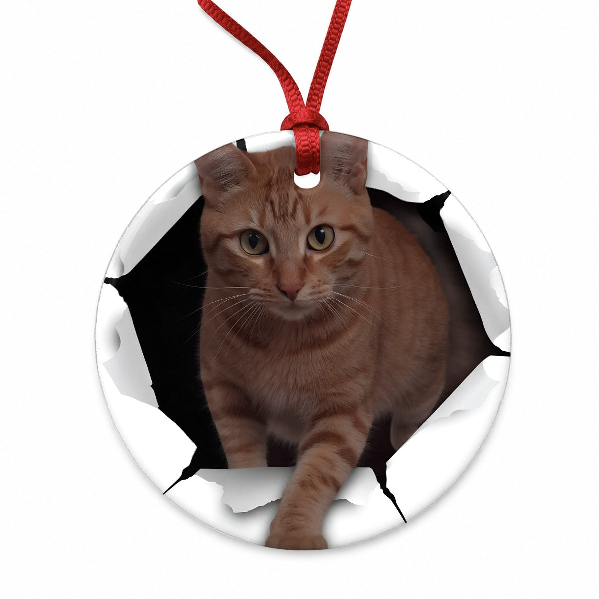 Tabby Orange Cat Breakout Round Ceramic Holiday Christmas Tree Ornament