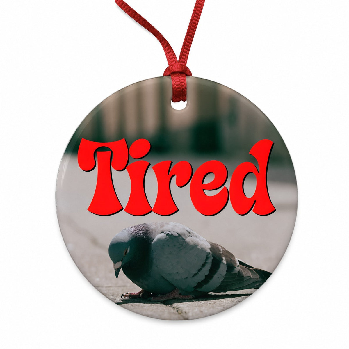 Tired Pigeon Funny Round Ceramic Holiday Christmas Tree Ornament