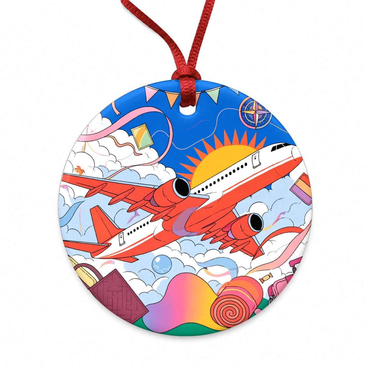 Travel Airplane Flight Attendant Pilot Round Ceramic Holiday Christmas Tree Ornament