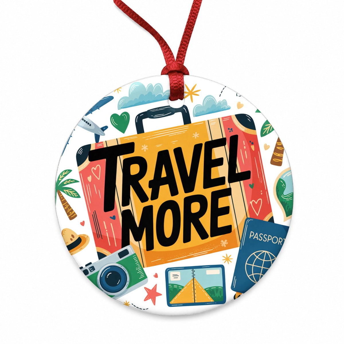 Travel More Colorful Suitcase Round Ceramic Holiday Christmas Tree Ornament