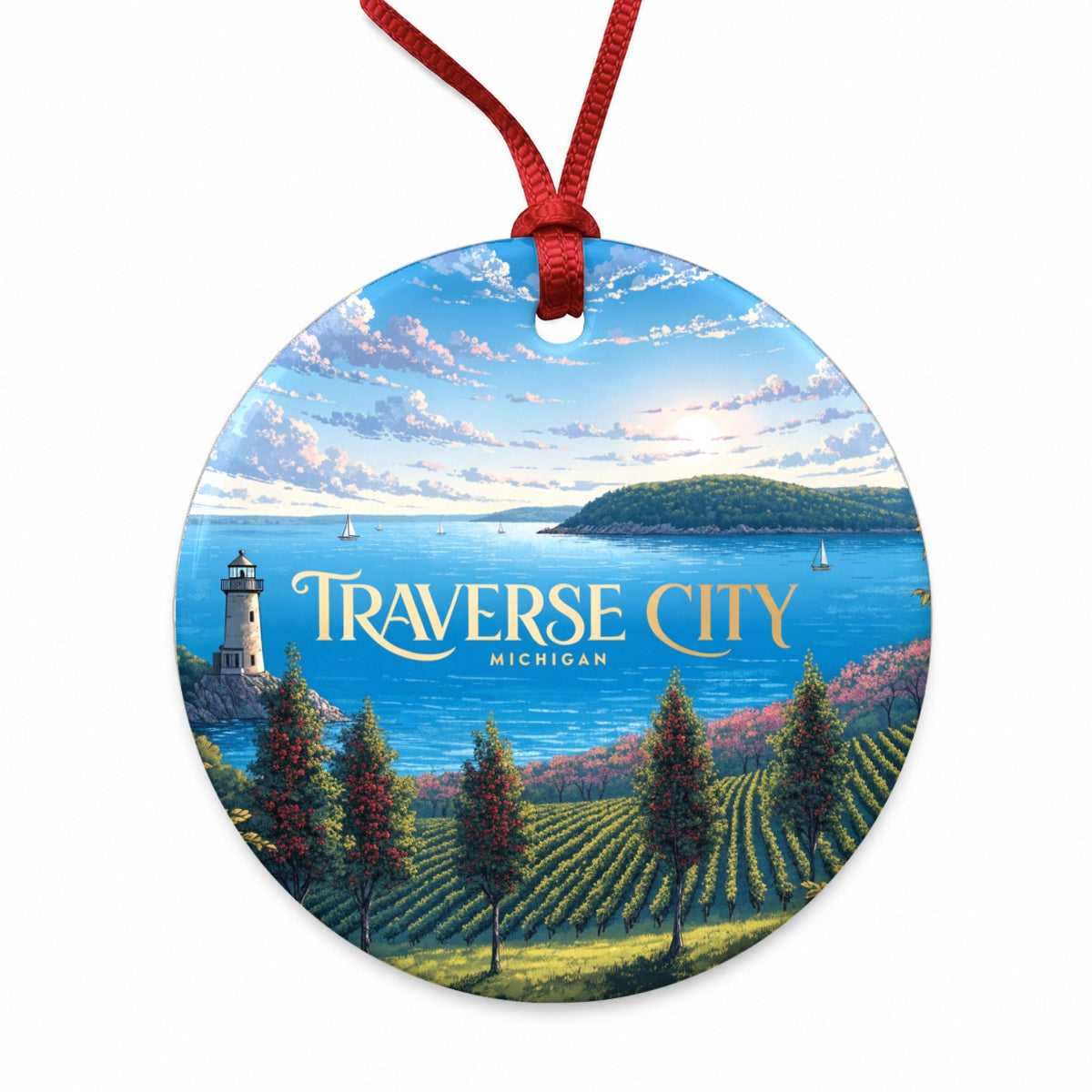 Traverse City Michigan Travel Round Ceramic Holiday Christmas Tree Ornament