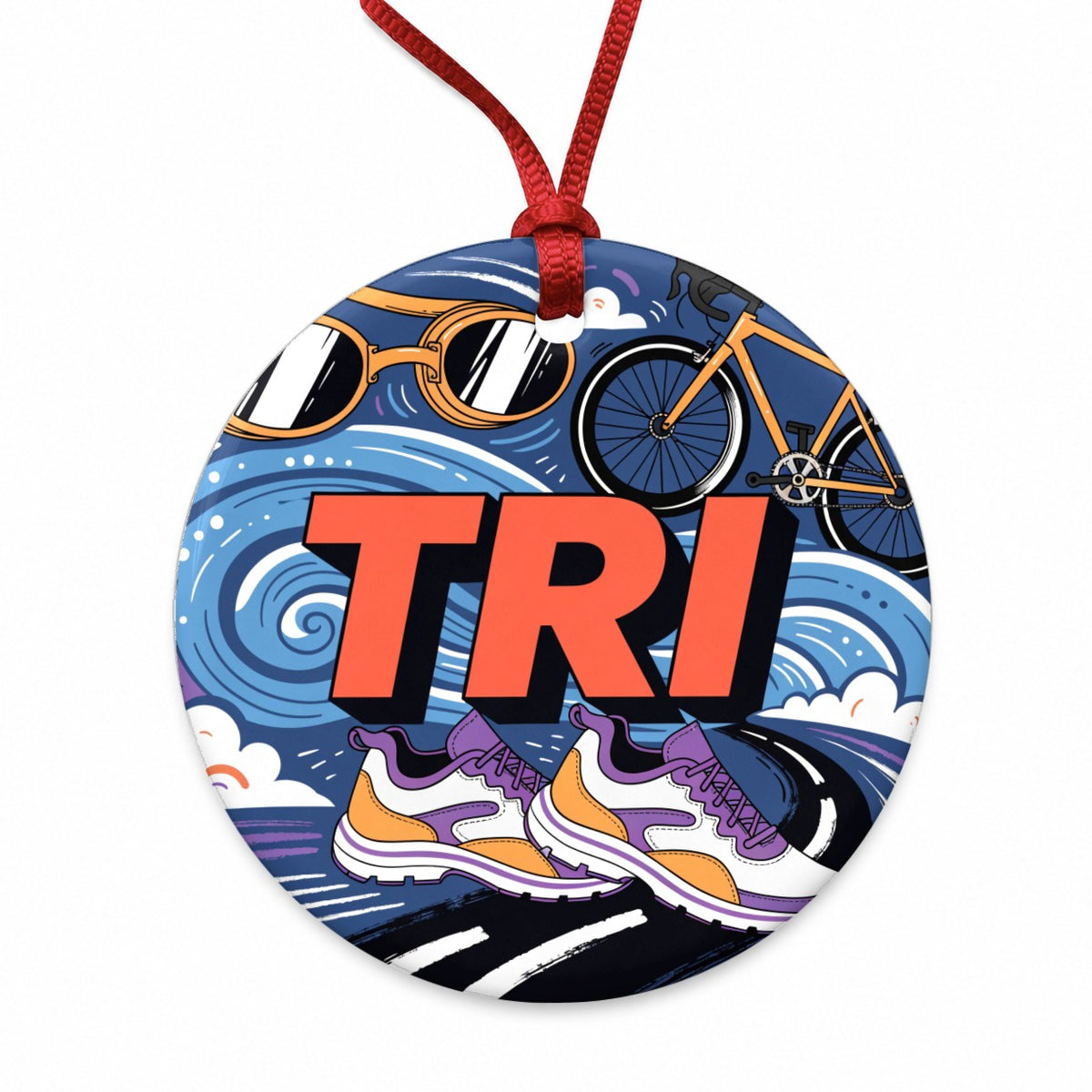 Triathlon Swim Bike Run Round Ceramic Holiday Christmas Tree Ornament