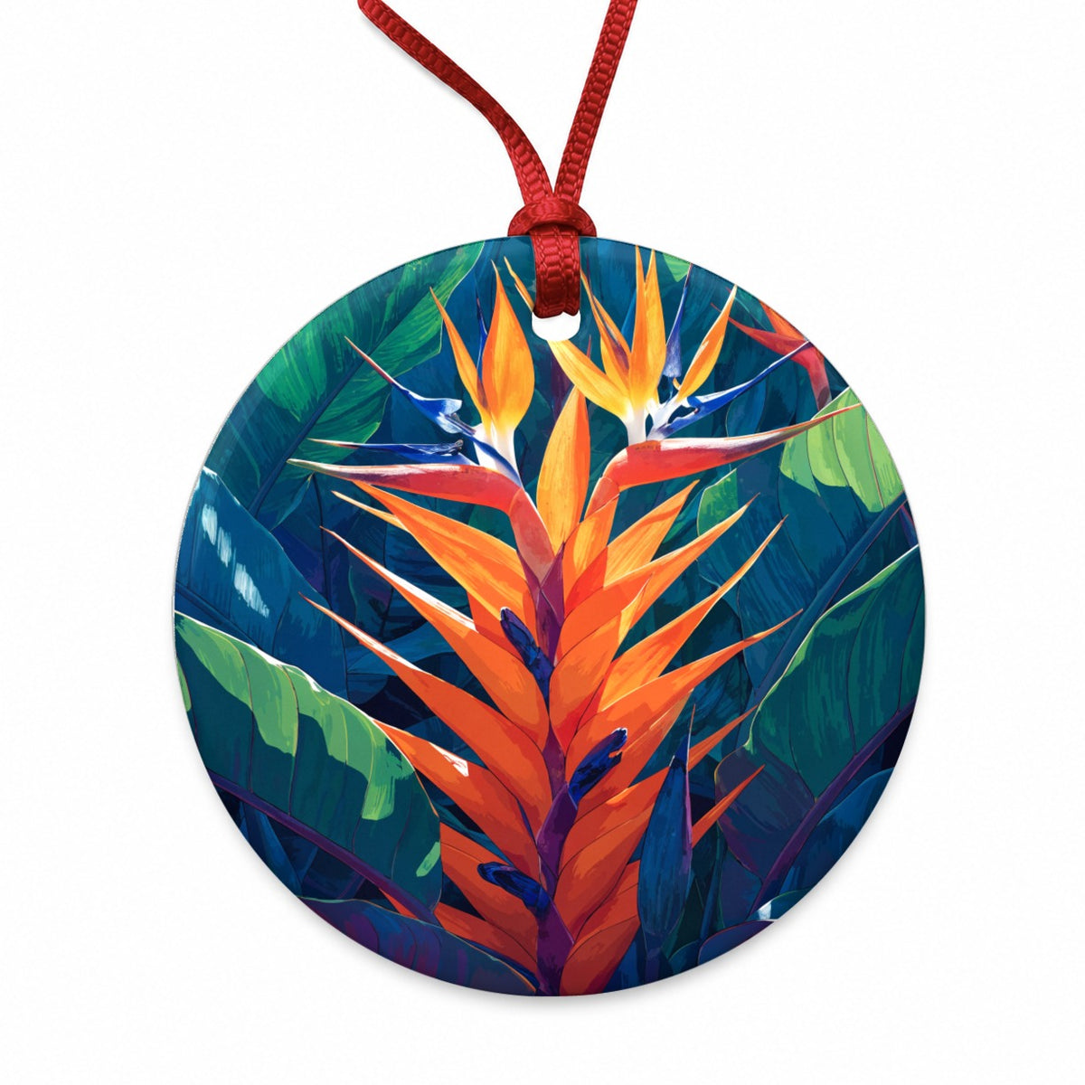 Tropical Bird Paradise Flowers Round Ceramic Holiday Christmas Tree Ornament