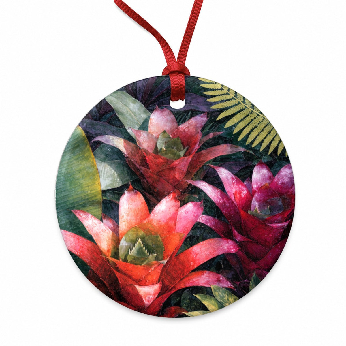 Tropical Bromeliad Garden Round Ceramic Holiday Christmas Tree Ornament