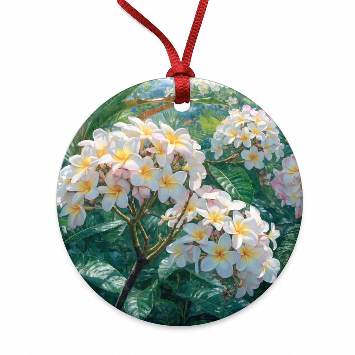 Tropical Frangipani Flowers Round Ceramic Holiday Christmas Tree Ornament