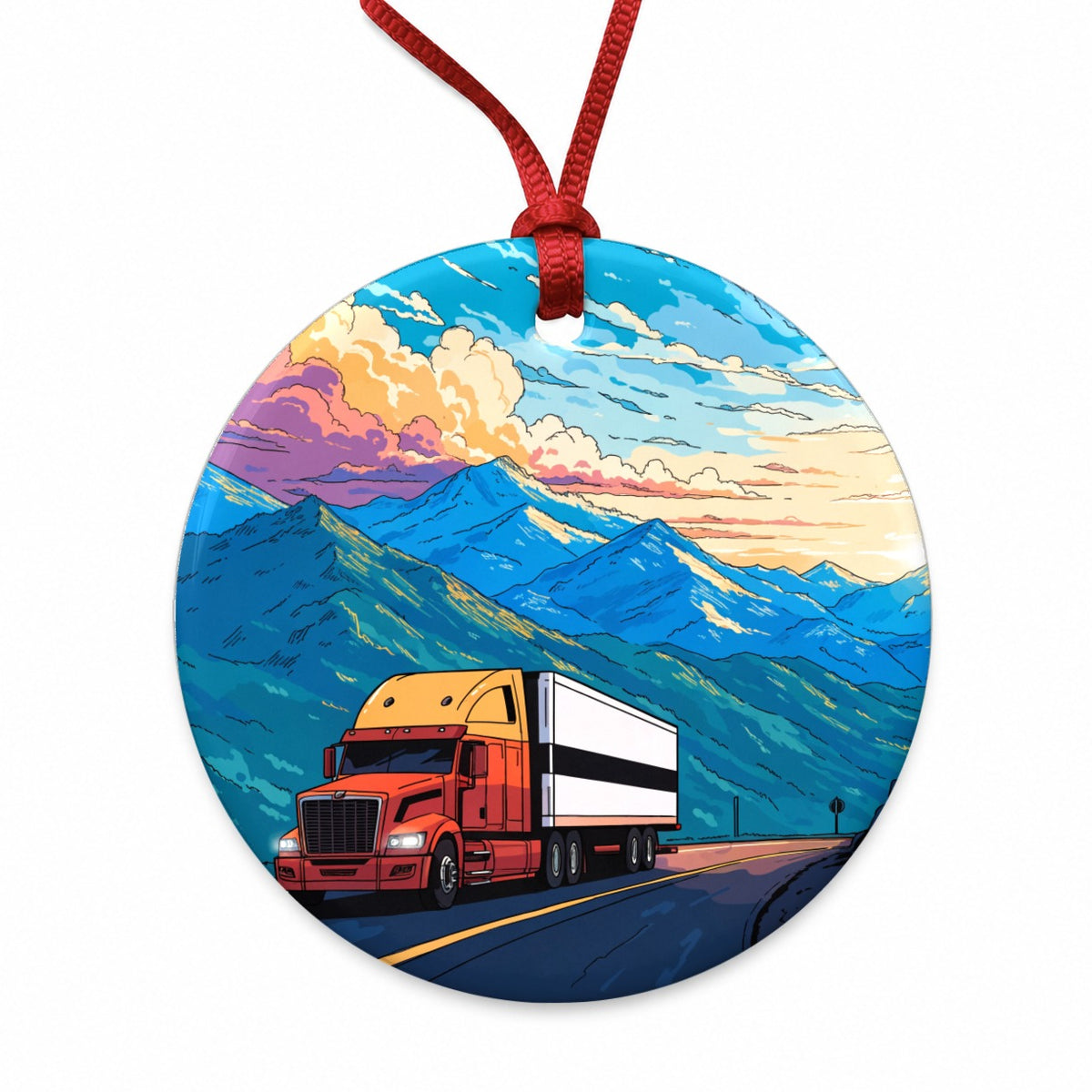 Truck Driver Semi Truck Round Ceramic Holiday Christmas Tree Ornament