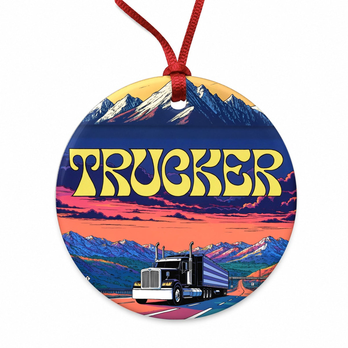 Trucker Semi Truck Driver Round Ceramic Holiday Christmas Tree Ornament