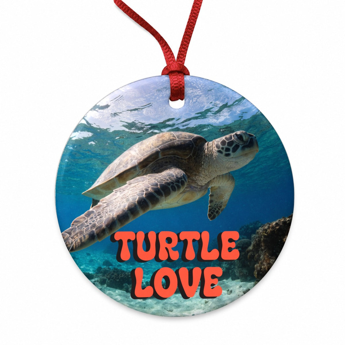 Turtle Love Swimming Fun Round Ceramic Holiday Christmas Tree Ornament