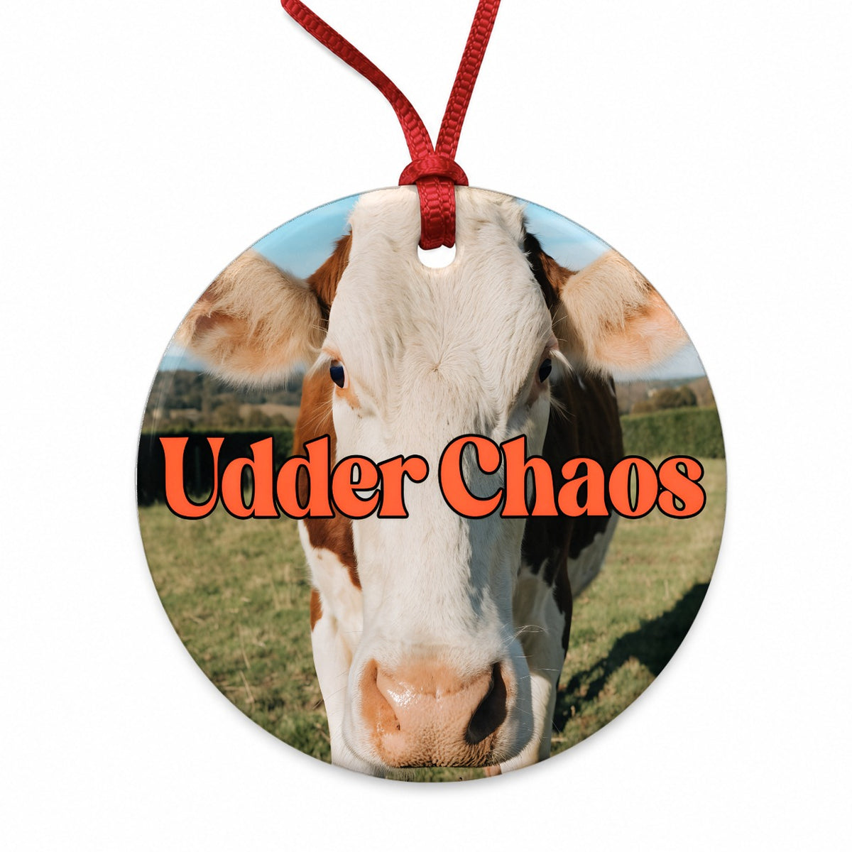 Udder Chaos Cow Funny Round Ceramic Holiday Christmas Tree Ornament