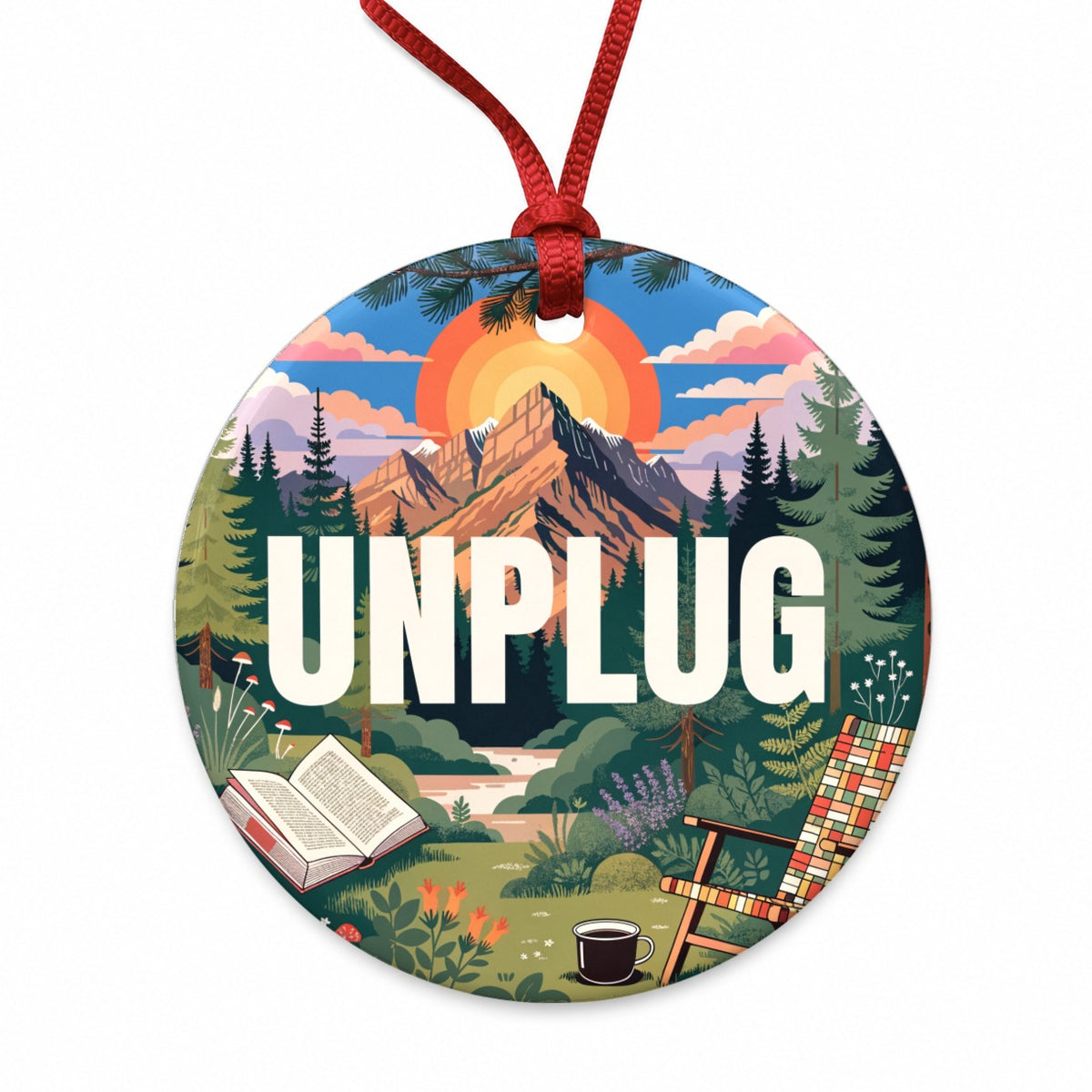 Unplug Cozy Camping Book Round Ceramic Holiday Christmas Tree Ornament