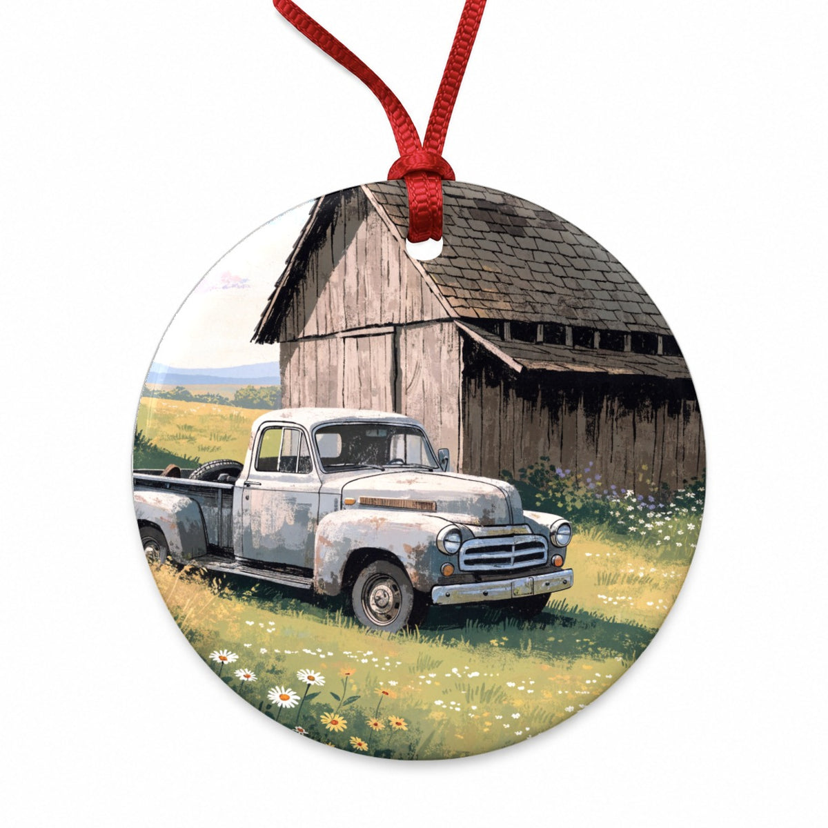 Vintage Farm Truck Rustic Barn Round Ceramic Holiday Christmas Tree Ornament