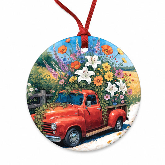 Vintage Flower Truck Round Ceramic Holiday Christmas Tree Ornament