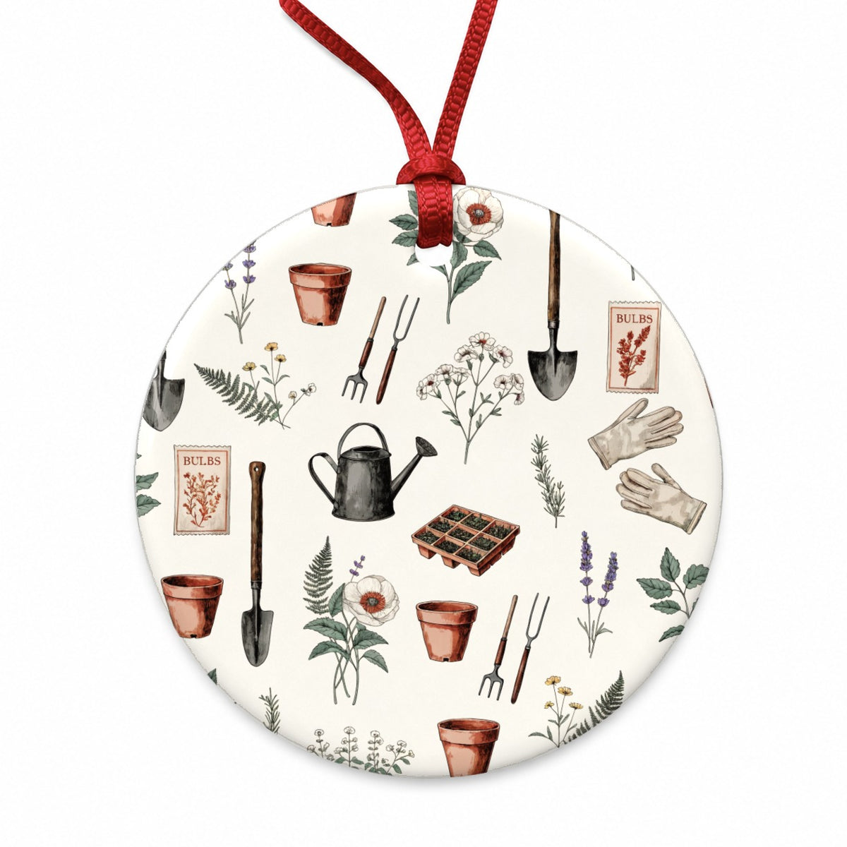 Vintage Garden Tools Seed Packets Round Ceramic Holiday Christmas Tree Ornament