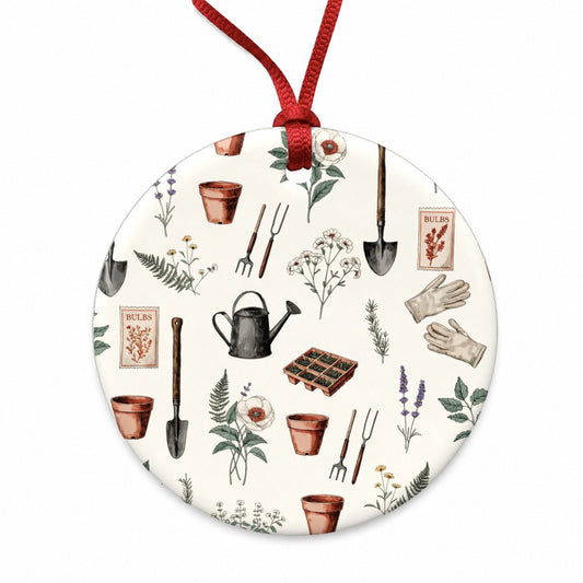 Vintage Garden Tools Seed Packets Round Ceramic Holiday Christmas Tree Ornament