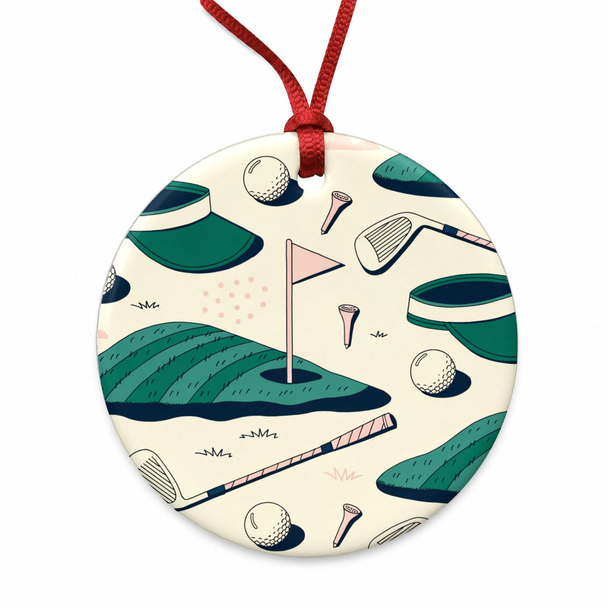 Vintage Golf Clubs Balls Round Ceramic Holiday Christmas Tree Ornament