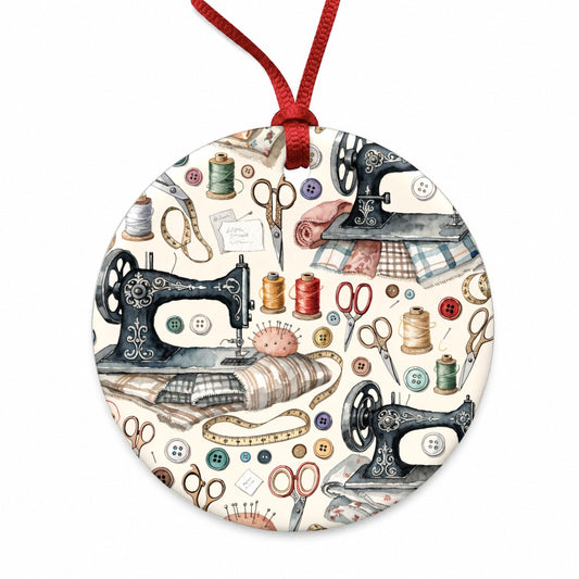 Vintage Sewing Machines Notions Round Ceramic Holiday Christmas Tree Ornament