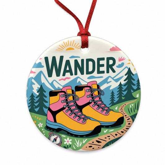 Wander Hiking Boots Hiker Round Ceramic Holiday Christmas Tree Ornament