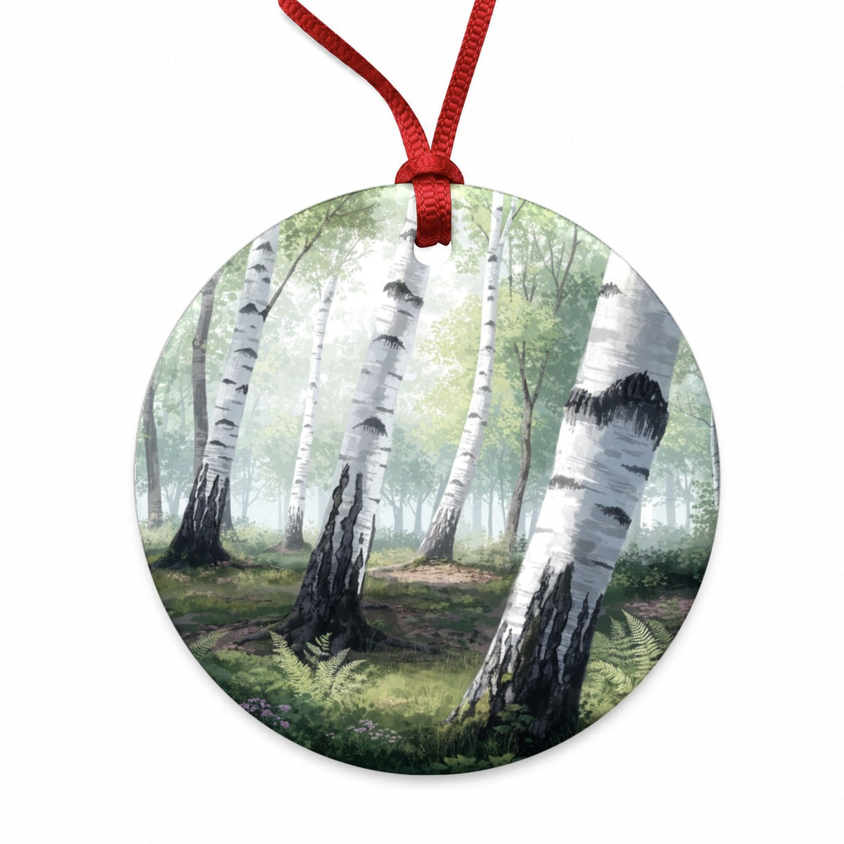 White Birch Forest Round Ceramic Holiday Christmas Tree Ornament