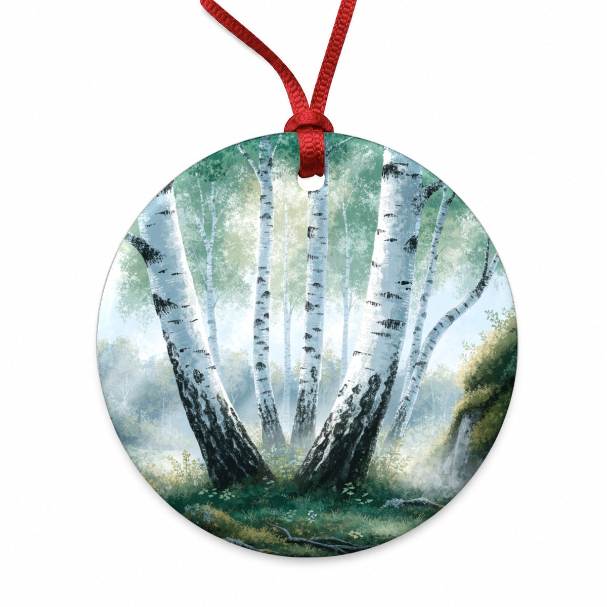 White Birch Trees Forest Round Ceramic Holiday Christmas Tree Ornament