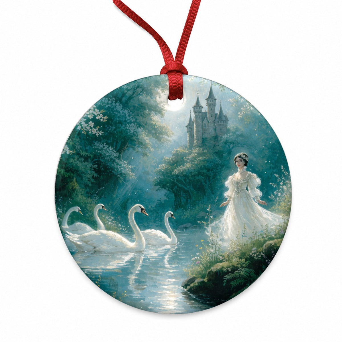 Wild Swans Fairy Tale Round Ceramic Holiday Christmas Tree Ornament