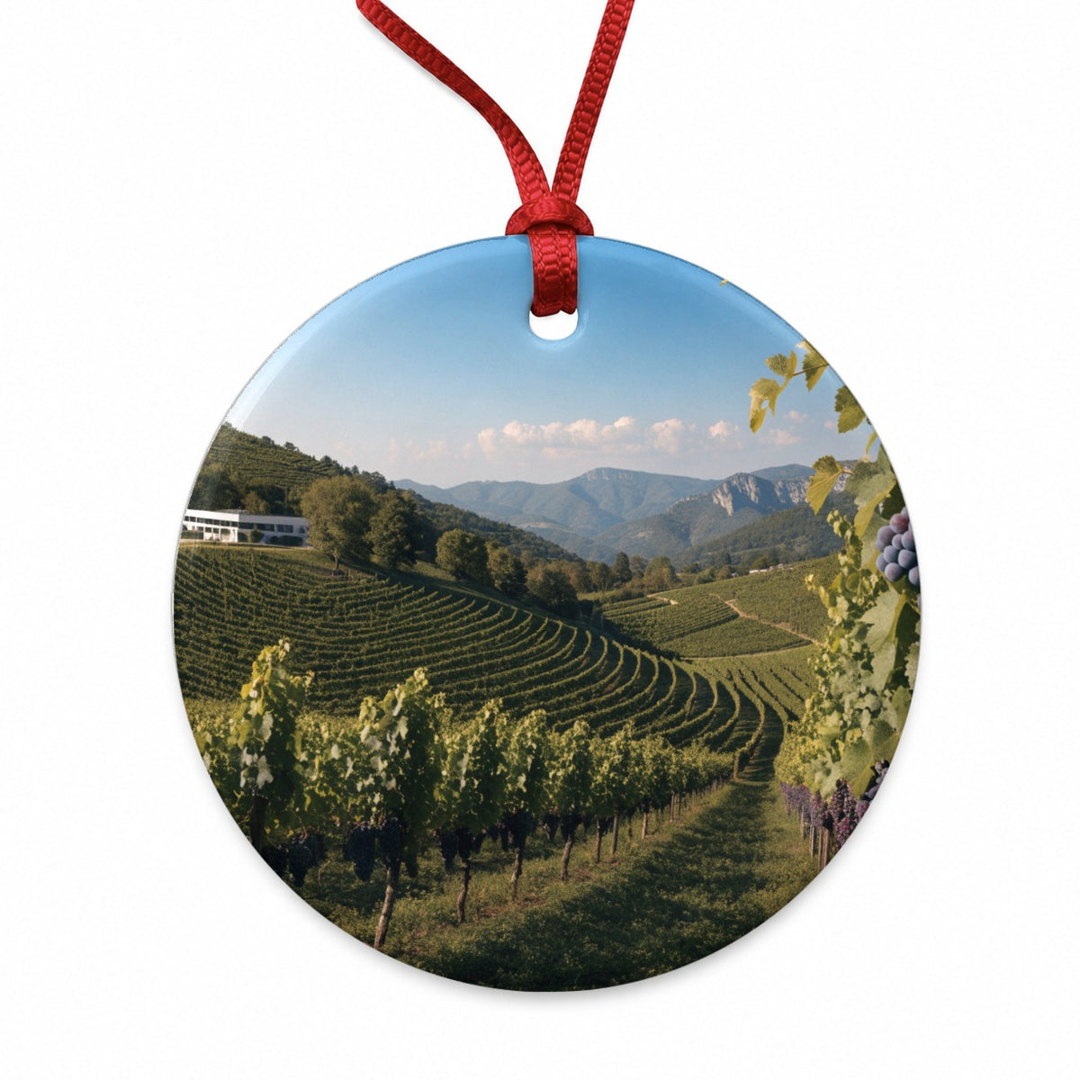 Winery Wine Country Grapes Round Ceramic Holiday Christmas Tree Ornament