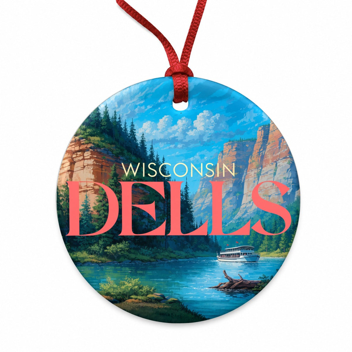 Wisconsin Dells Travel Round Ceramic Holiday Christmas Tree Ornament