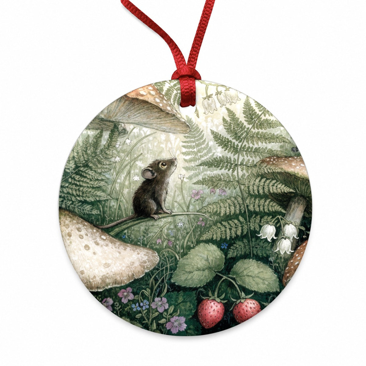 Woodland Mouse Mushroom Garden Round Ceramic Holiday Christmas Tree Ornament