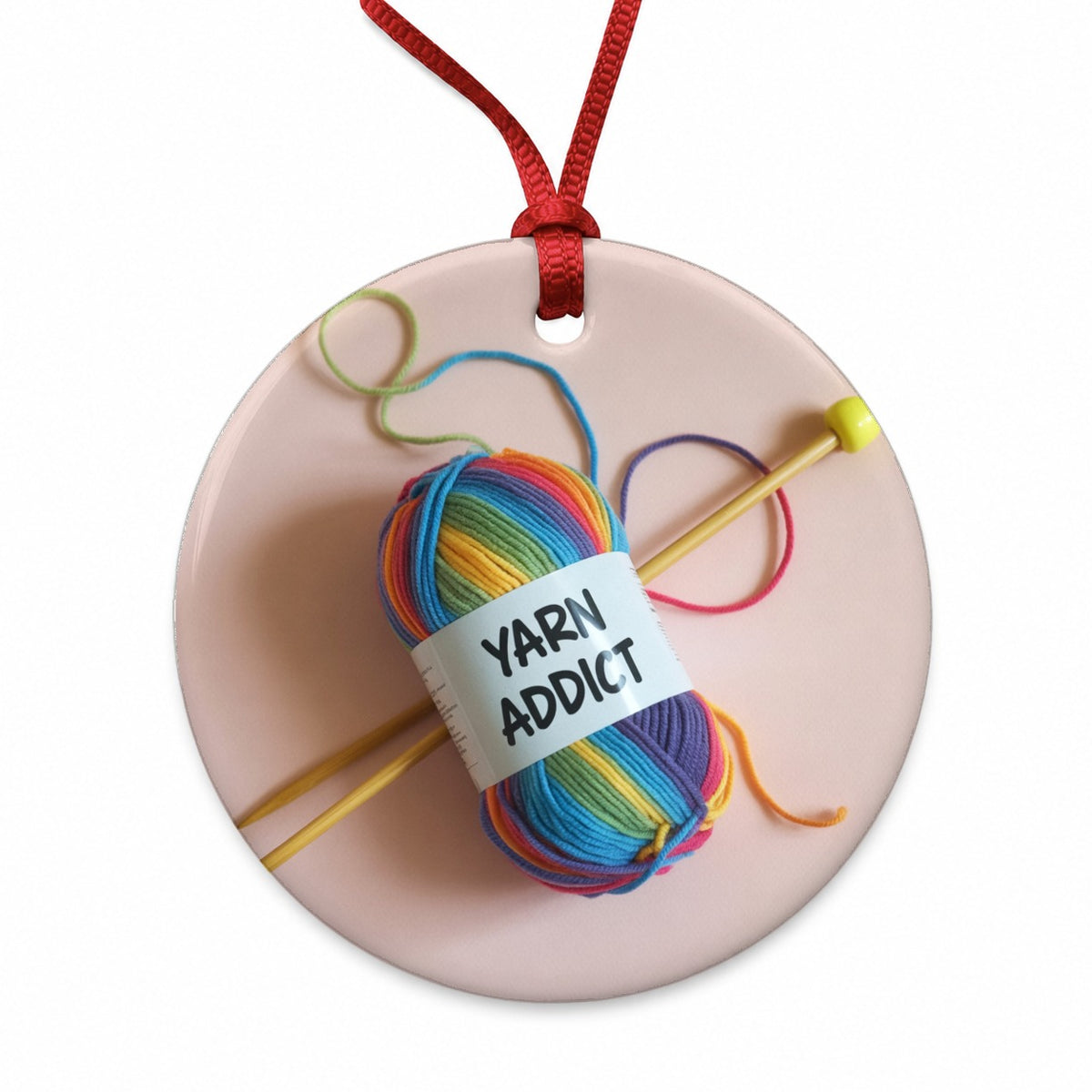 Yarn Addict Knitting Knitter Crochet Round Ceramic Holiday Christmas Tree Ornament