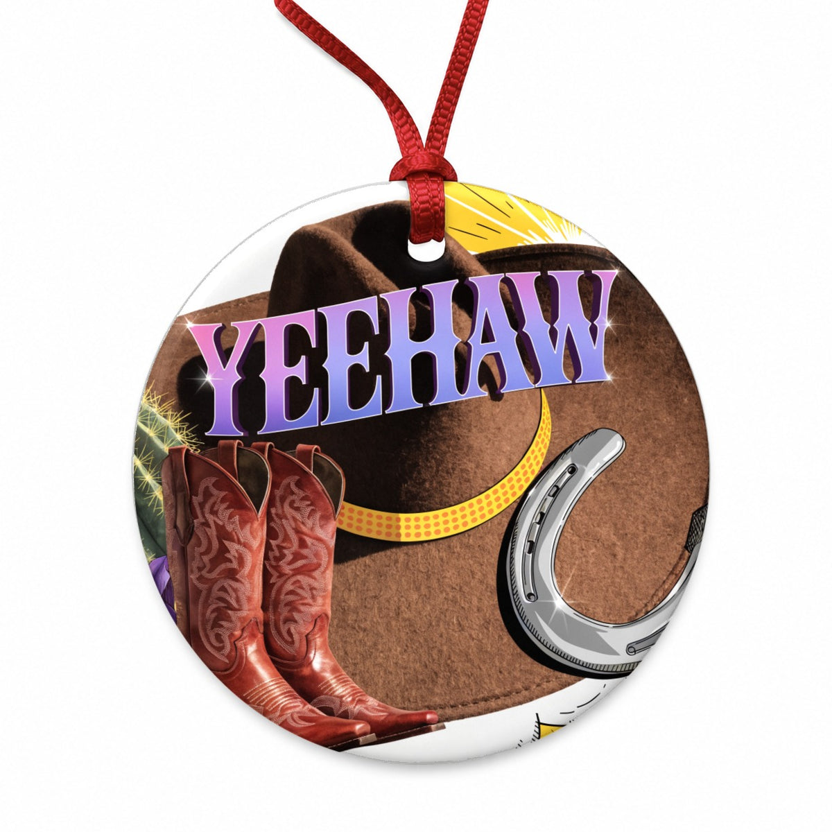 Yeehaw Cowboy Hat Boots Funny Round Ceramic Holiday Christmas Tree Ornament