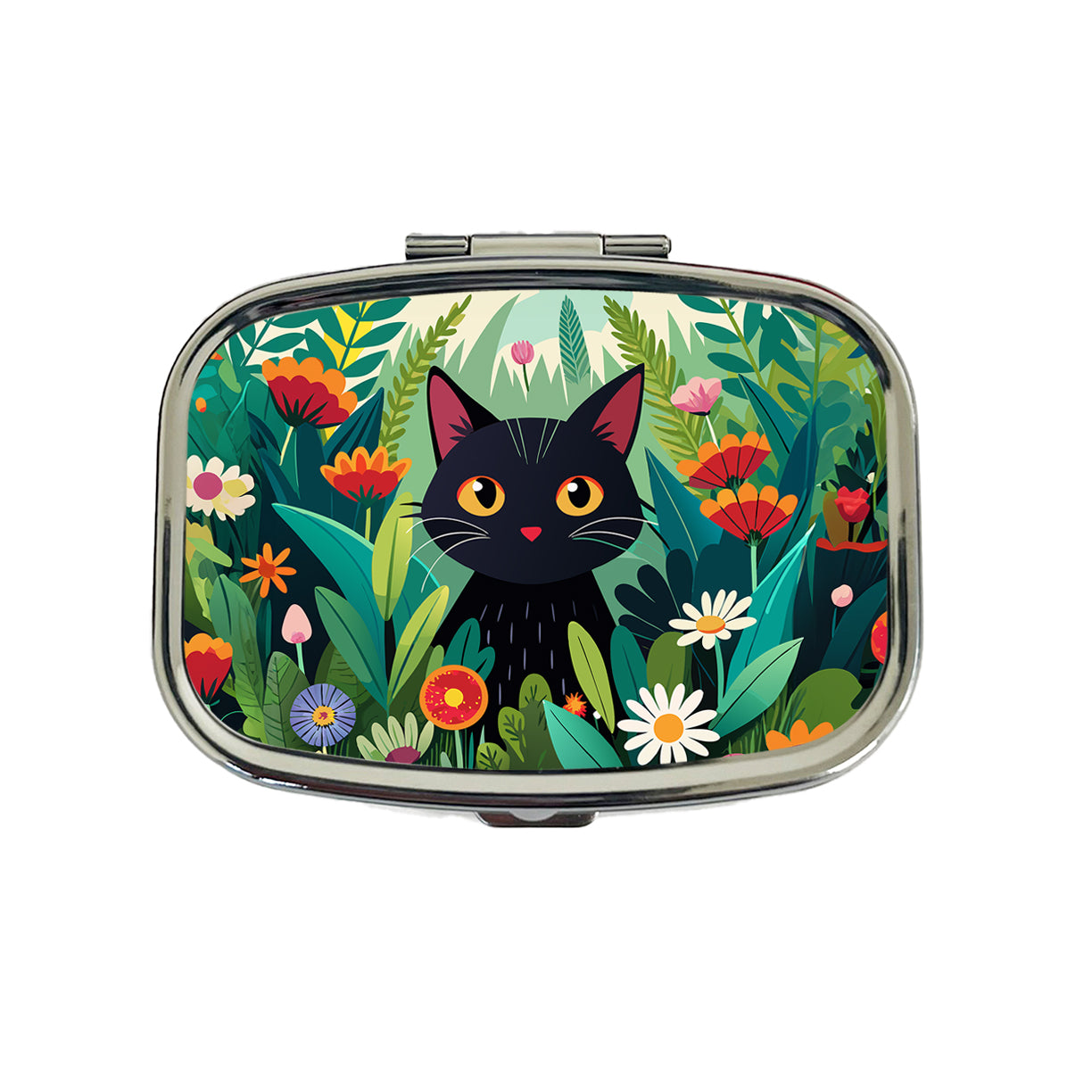Black Cat Hiding in Flower Garden Travel Pill Box Case