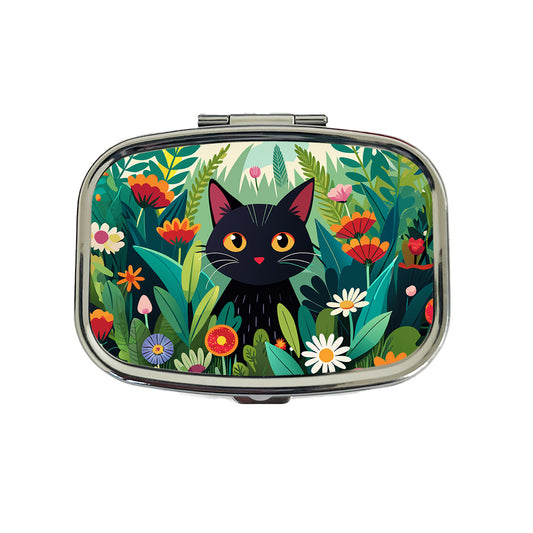 Black Cat Hiding in Flower Garden Travel Pill Box Case
