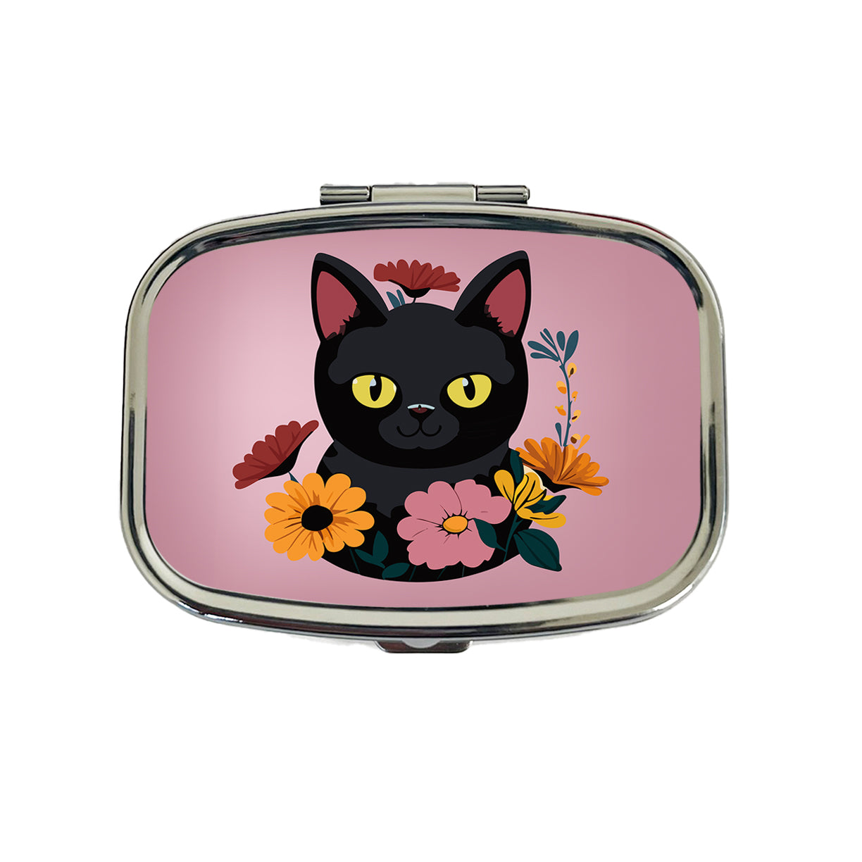 Black Cat in Flowers Travel Pill Box Case