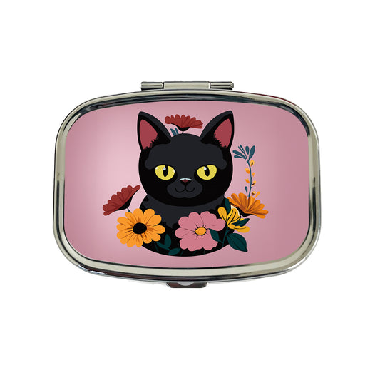 Black Cat in Flowers Travel Pill Box Case