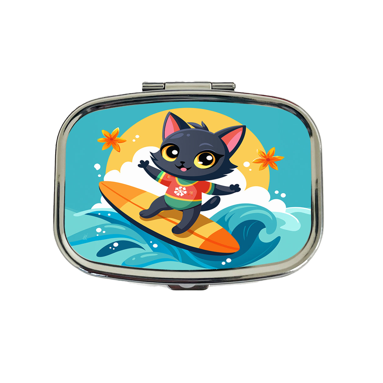 Black Cat Kitty Girl Surfing Travel Pill Box Case