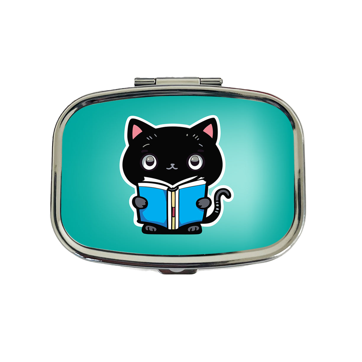 Black Cat Reading Book Travel Pill Box Case