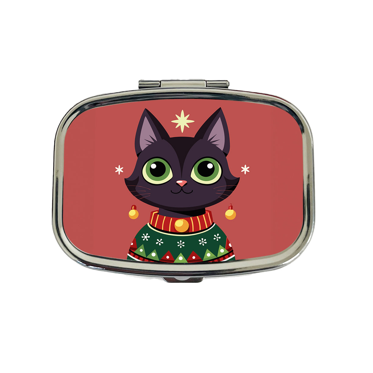 Black Cat Wearing Christmas Sweater Travel Pill Box Case
