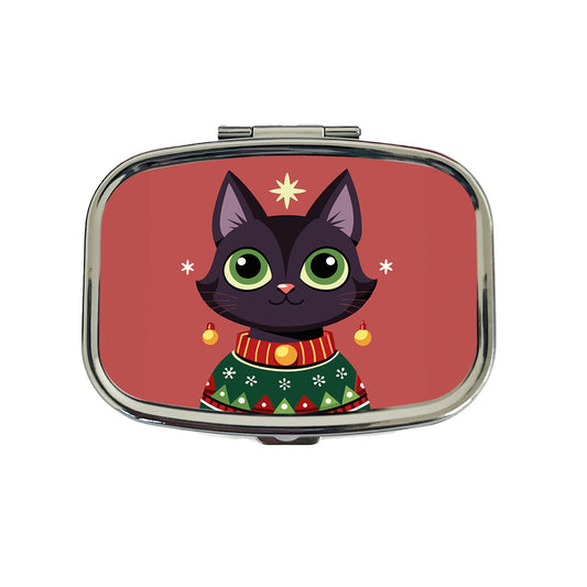 Black Cat Wearing Christmas Sweater Travel Pill Box Case