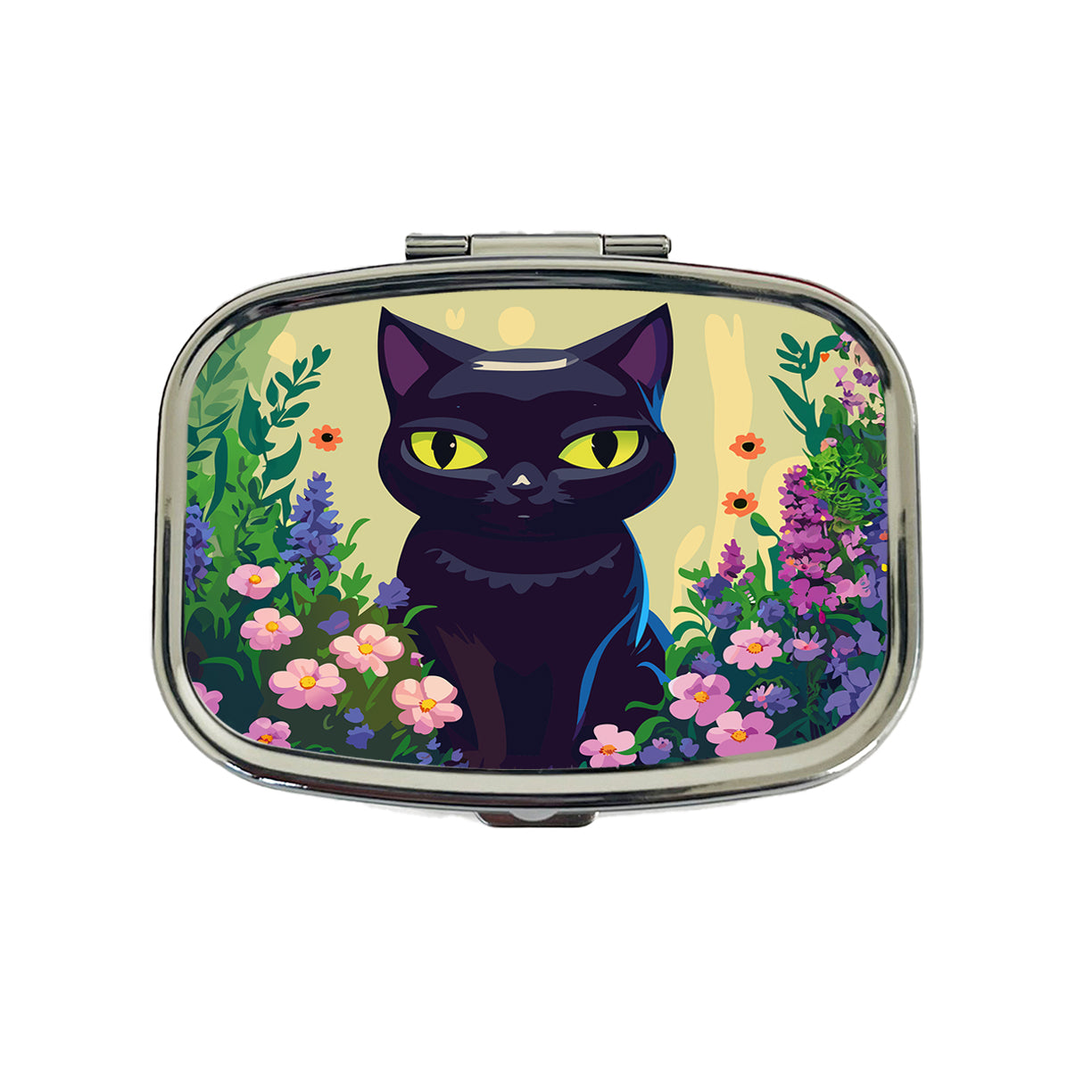 Black White Cat in Flower Garden Travel Pill Box Case